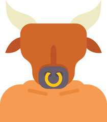 Contemporary, flat design illustration of a brown bull character with horns wearing an orange hoodie with a nose ring