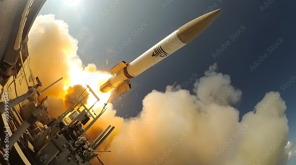 Aufkleber Dramatic image of a powerful hypersonic interceptor missile detaching from a military launch platform and streaking upward targeting a simulated threat in low Earth orbit