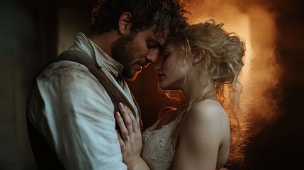 Lit by the golden light of sunset, a victorian style couple shares a loving embrace, evoking emotion and the timeless beauty of romantic love.