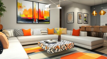 Obraz premium Modern Living Room with Sectional Sofa and Colorful Decor