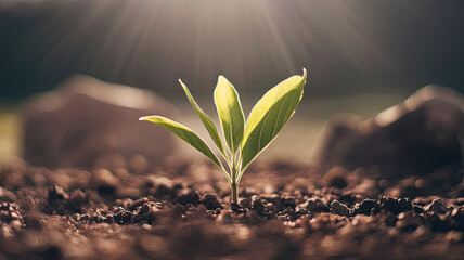 A young green plant sprouts from rich soil, symbolizing growth and new beginnings, illuminated by soft sunlight filtering through a natural setting.