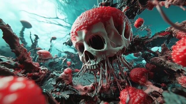 An eerie scene featuring a red coral-like skull surrounded by dark, twisted fungi-like branches under a dimly-lit, watery backdrop, evoking a sense of dread.