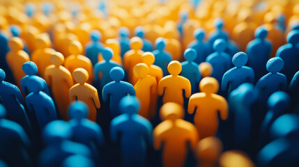Obraz premium A large group of vibrant blue and orange figures against a bright sunset background, representing unity and diversity
