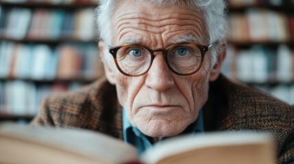 An elderly man deeply focused on reading a book in a library setting, surrounded by shelves filled with books, creating a serene and contemplative atmosphere.