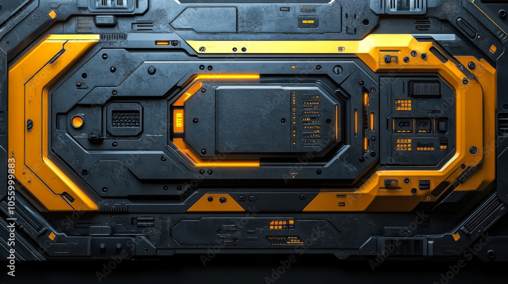 Poster high-tech abstract design featuring intricate patterns and vibrant orange accents set against a dark
