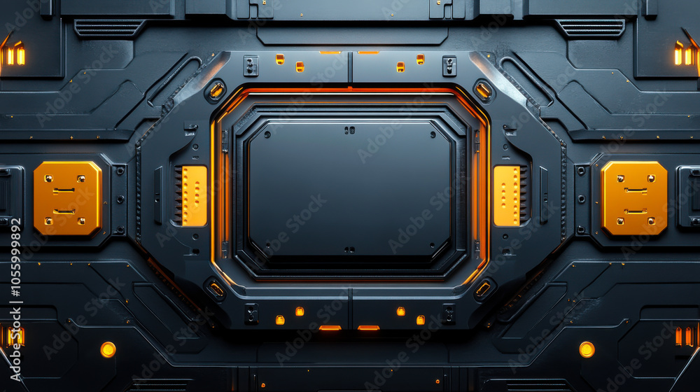 Poster high-tech abstract design featuring intricate patterns and vibrant orange accents set against a dark