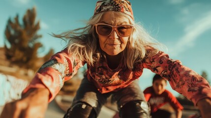 An energetic senior woman skateboarding joyfully in a sunlit park, showcasing vitality, freedom, and the embracing of life’s adventures regardless of age.