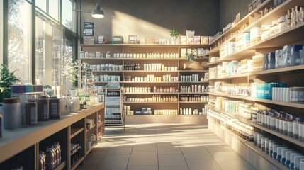 Fototapeta premium A well-lit, minimalist grocery store interior with shelves stocked with various products, featuring a warm, inviting atmosphere and natural light streaming through a large window.