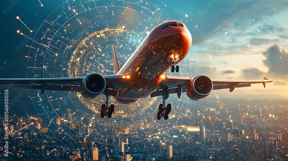 Aufkleber Futuristic airplanes navigating through a night city skyline guided by misaligned magnetic patterns and technological guidance systems creating a dynamic and abstract aerial transportation scene