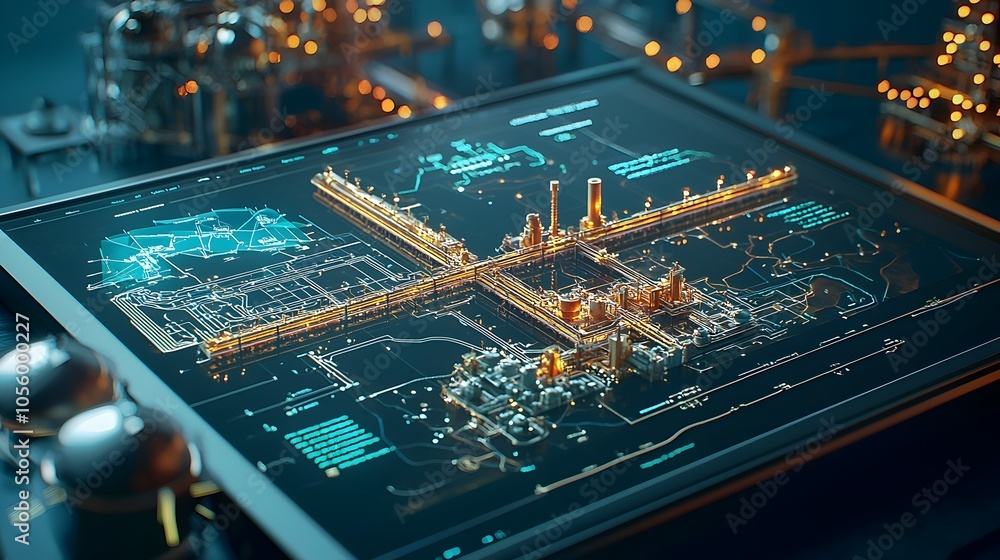 Poster Futuristic 3D refinery control system interface displaying a comprehensive map of an international oil pipeline network extending across borders