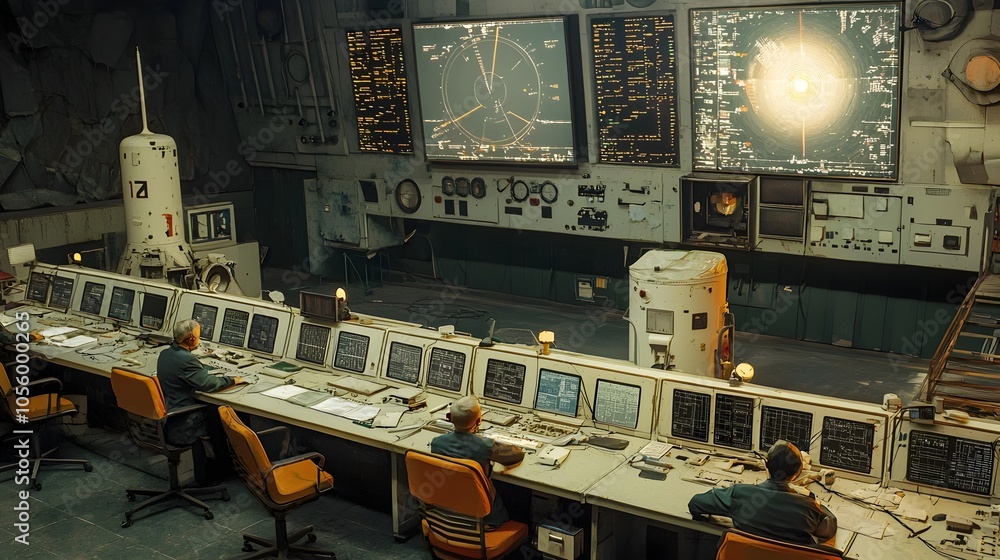Aufkleber Futuristic missile defense control room with operators monitoring the flight paths of detected threats on large digital screens  High tech military control center for tactical security
