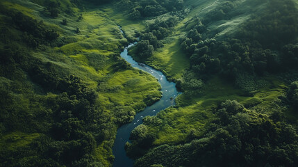 Serene Aerial View of a Green Valley with Winding River