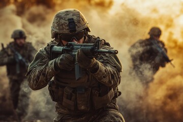 Soldier in tactical gear engaging enemy in combat zone with comrades advancing behind him - Powered by Adobe