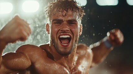 A triumphant athlete, dripping with sweat, clenches his fists and smiles widely, exuding passion and determination after an intense physical challenge.