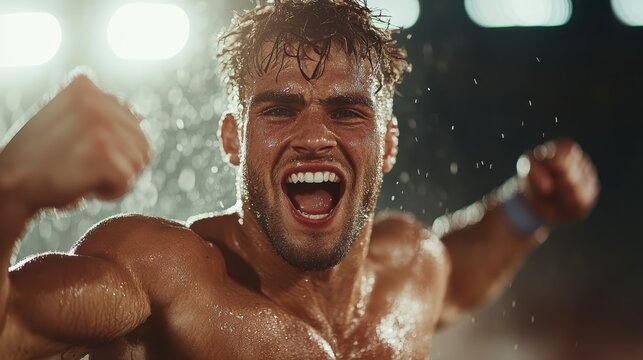 A triumphant athlete, dripping with sweat, clenches his fists and smiles widely, exuding passion and determination after an intense physical challenge.