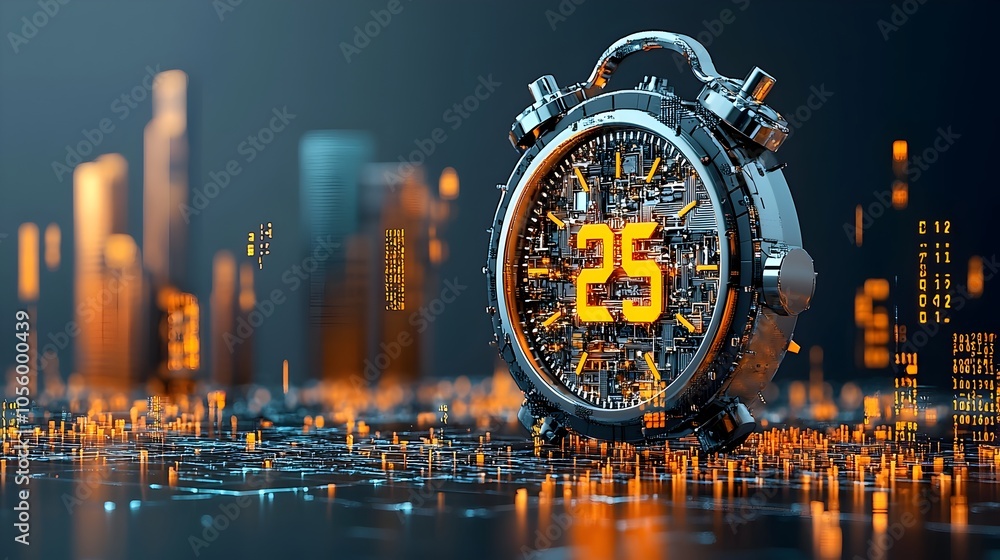 Poster Glowing Digital Countdown Timer Displaying  2025  and Reflecting Futuristic City Skyline with Illuminated Skyscrapers in the Background  Concept of Upcoming New Year Decade or Millennium