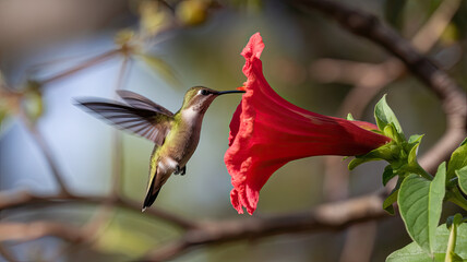 Naklejka premium A delicate hummingbird approaching a vibrant red flower, showcasing its iridescent feathers and rapid wing movement against a blurred natural background.