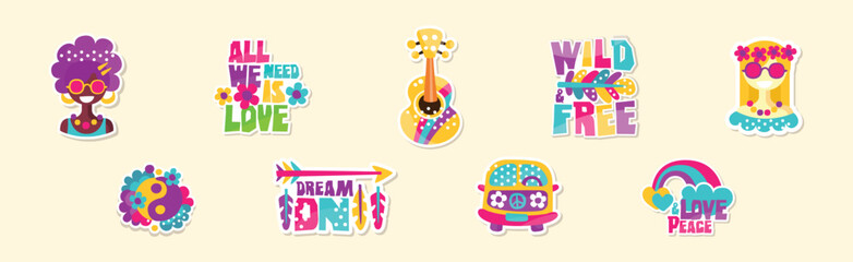 Hippie Sticker and Retro Patches Colorful Vector Set