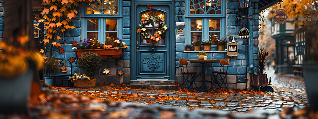 Obraz premium Charming outdoor caf� in autumn, featuring a blue facade, colorful foliage, and warm inviting lights, creating a cozy atmosphere.