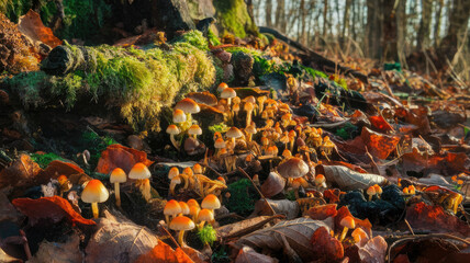 Obraz premium A vibrant scene of orange-tipped mushrooms growing among fallen leaves and moss at the base of a tree, capturing the essence of a tranquil forest setting.