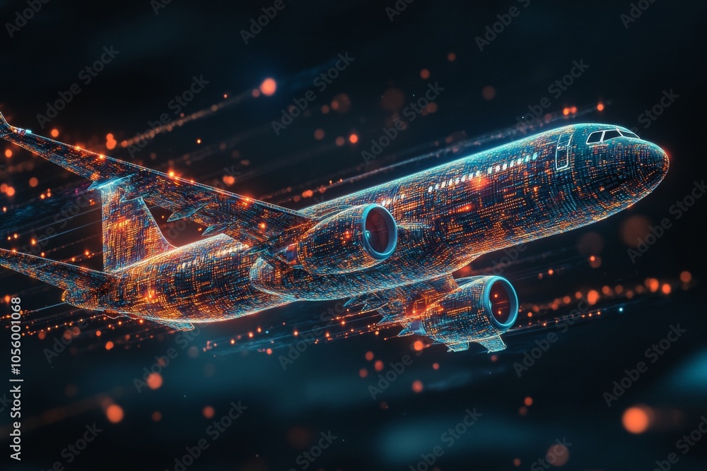 Poster transparent airplane overlaid with microchip patterns and digital data streams in aviation tech