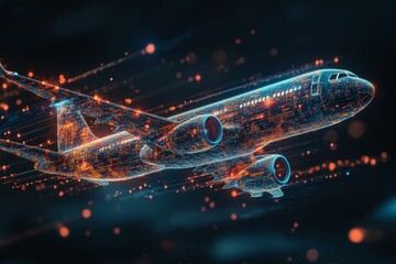 Transparent airplane overlaid with microchip patterns and digital data streams in aviation tech