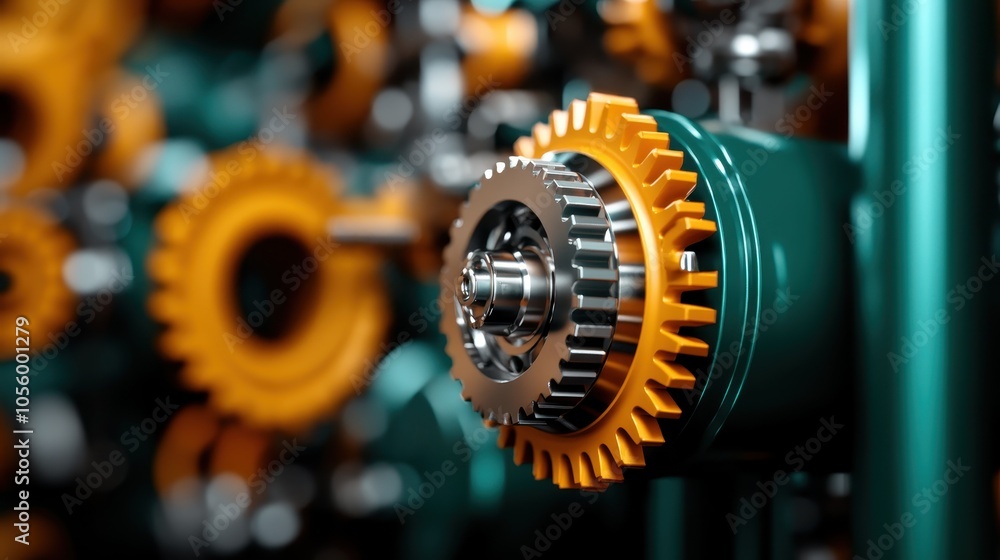 Poster vivid depiction of colorful mechanical gears interlocking together, emphasizing the harmony and prec