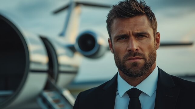 A man dressed in formal black attire with a stern expression stands near the engine of a large airplane, symbolizing business, readiness, and high status.