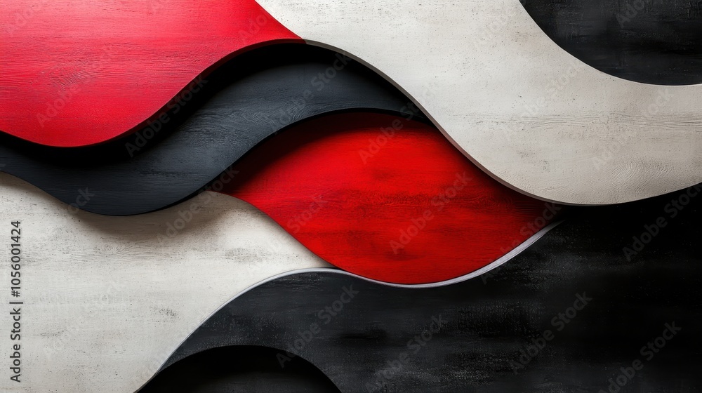 Poster a vibrant abstract image featuring flowing red, black, and white curved shapes intertwined, creating
