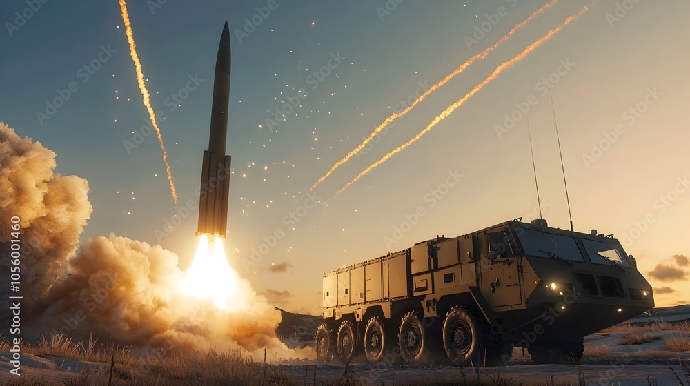 Poster Ground Based Missile Interceptor Launching From Defense Base With Contrails Streaking Across Clear Evening Sky  Powerful Military Weapon System Defending Against Aerial Threats