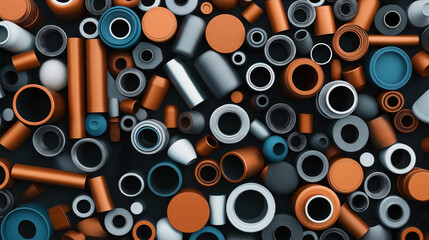 Abstract arrangement of variously sized and colored cylindrical objects and tubes in orange, blue, and gray hues on a dark background.