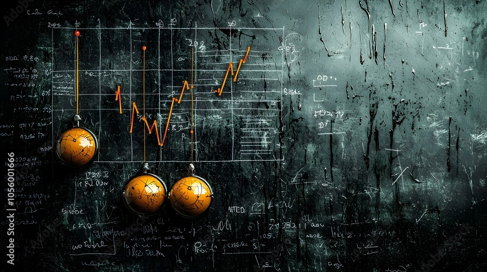Poster Hand drawn climate graphs and analytics data visualized on a dark grungy chalkboard with eroded faded marks   conceptual image representing environmental data and global warming trends