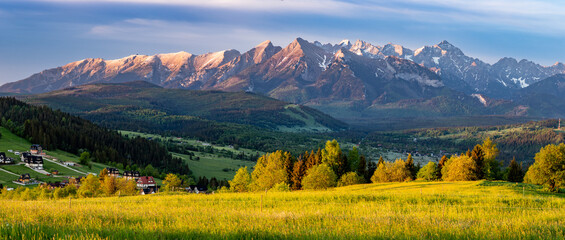 Spring panorama over Spisz highland to Tatra mountains in the morning, Poland and Slovakia.
