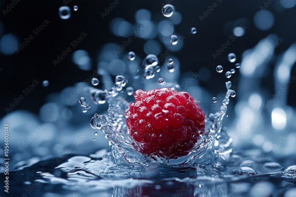 Poster dynamic capture of a raspberry plunging into water, creating a stunning splash effect
