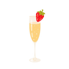 Glass of champagne with ripe strawberries. Festive decor. Celebration toast. Alcoholic drink. Flat illustration on white background.