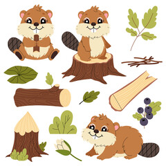 Fototapeta premium Beaver. A set of cartoon illustration of a cute rodent. Wild Animals. Tree, log, stump. Flat illustration on white background for kids.