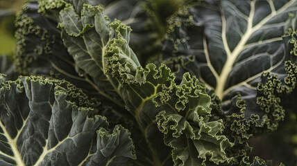 Close-up of vibrant green kale leaves showcasing intricate textures and curls, emphasizing freshness and natural beauty.