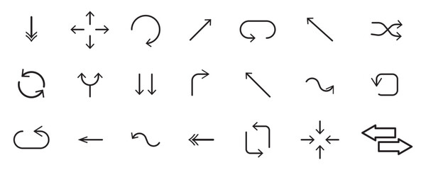 Linear arrows icon pack with thin line right, minimize, turn, and refresh arrows