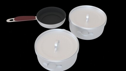 frying pan and pots with black background