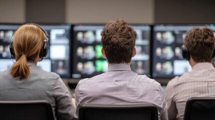 Post-production experts editing footage in professional lighting setups, sleek multi-screen displays, focused precision, content creators  capabilities, editing excellence