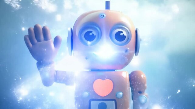 A robot with a heart on its chest is waving. The robot is smiling and he is happy