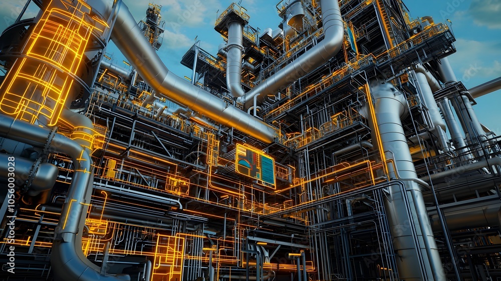 Poster intricate refinery control system with a large screen displaying a 3d map of oil pipelines extending