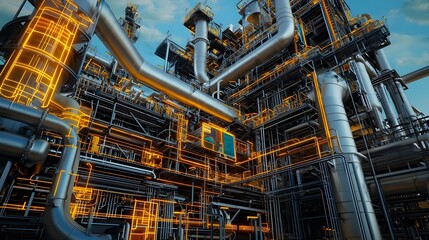 Intricate refinery control system with a large screen displaying a 3D map of oil pipelines extending to international borders