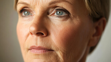 Fototapeta premium Close-up of a thoughtful woman with striking green eyes, showcasing natural beauty and a sense of introspection in soft lighting