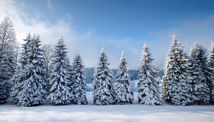 Naklejka premium Snow dusted Christmas trees lined up with silhouettes of a winter forest in the background. Generative AI