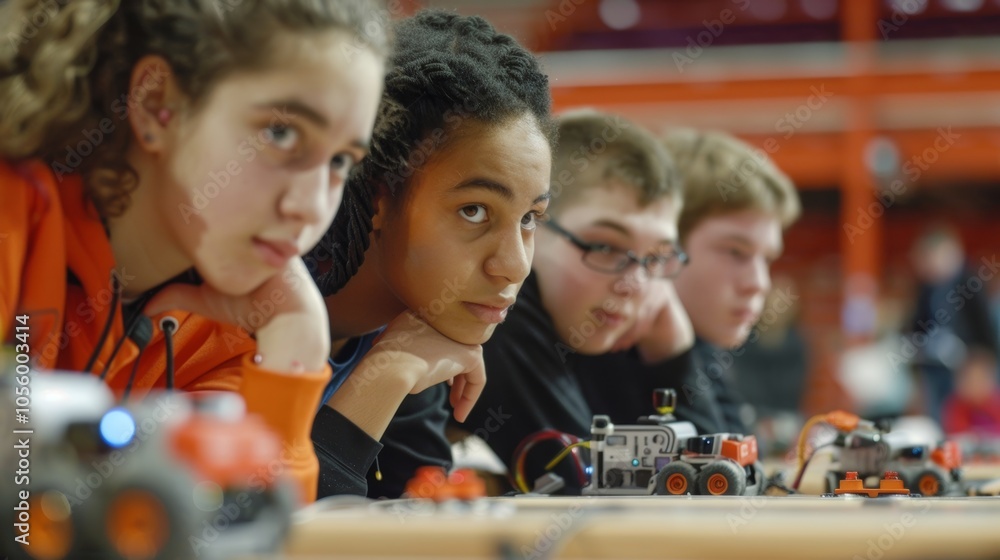 Poster a team of judges intently watching a teams robot on the competition field taking notes on their perf