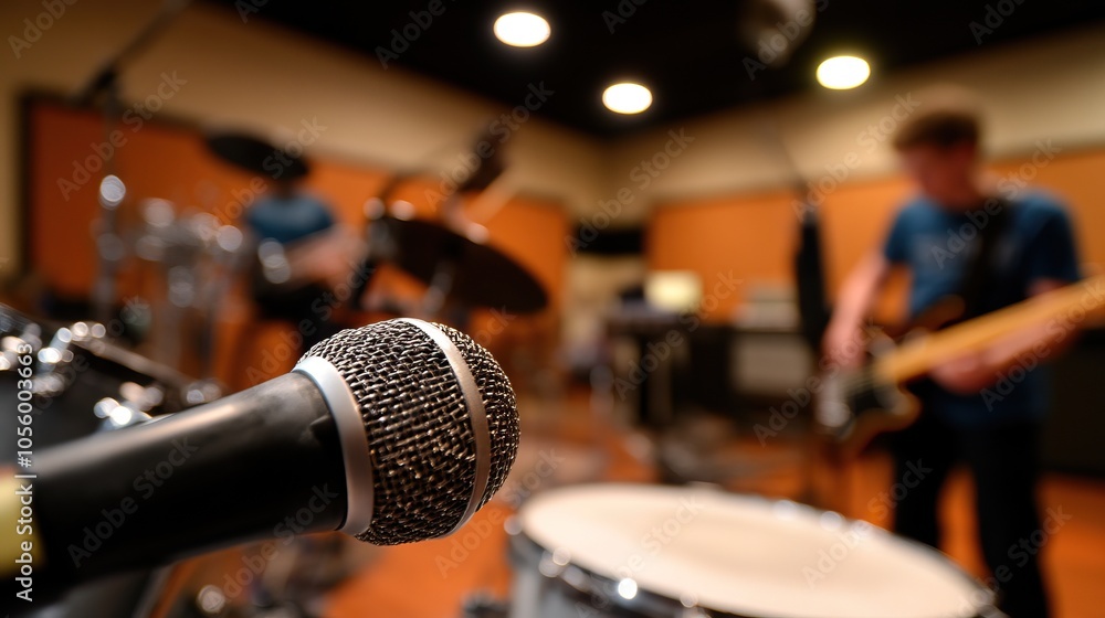 Poster a microphone in a recording studio foregrounds musicians playing instruments, capturing the essence 