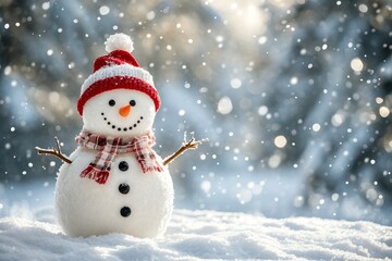 Charming christmas and new year s greeting card showcasing a joyful snowman in a snowy landscape