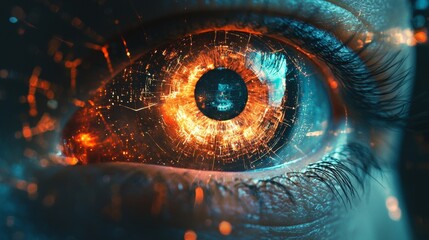 Close-up of a digital eye with glowing orange and blue technology elements