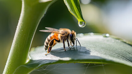Naklejka premium A close-up of a honeybee perched on a green leaf with water droplets, showcasing its fine details and vibrant colors in a bright, natural setting.